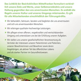 Leitbild der Bezirkskliniken in vier Punkten dargestellt, ergänzt durch Bilder der Standorte