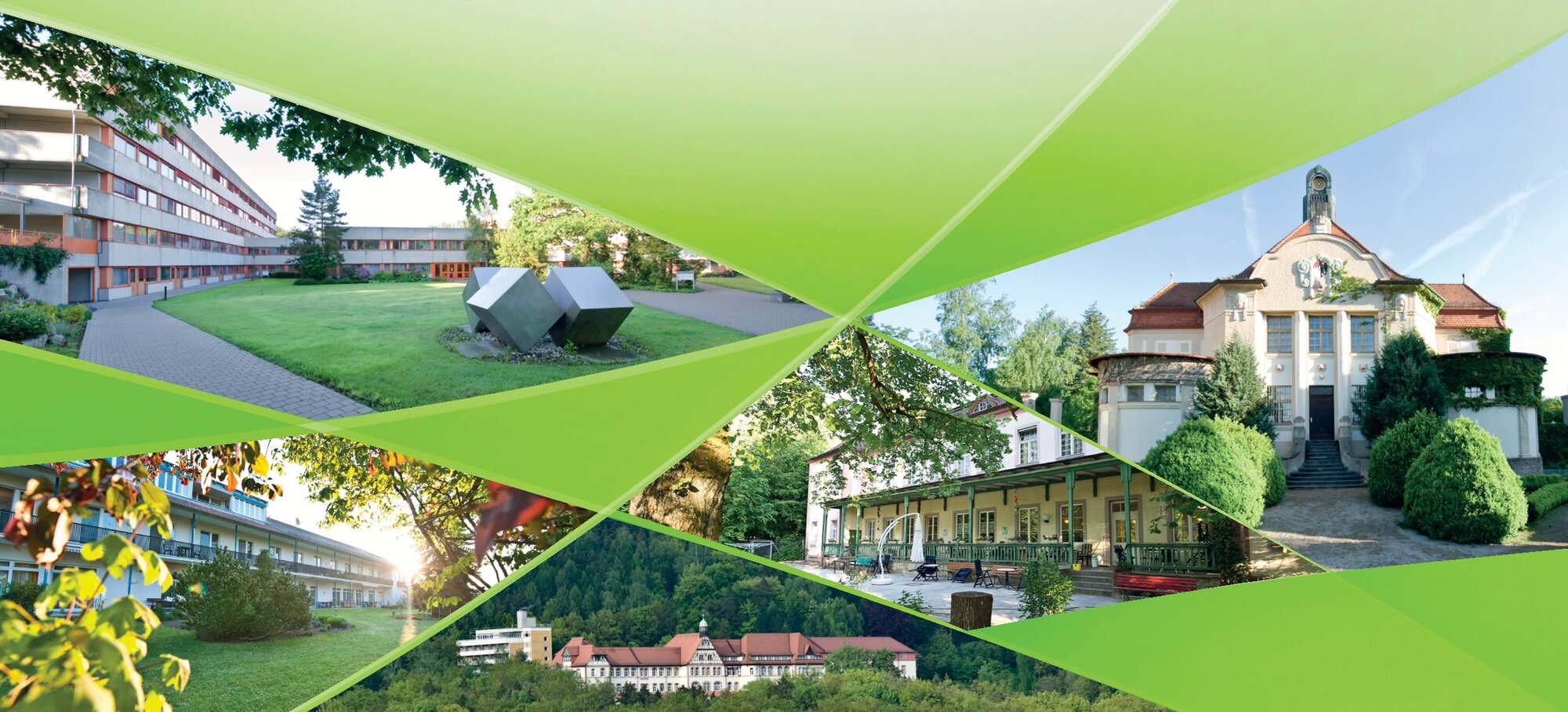 Leitbild der Bezirkskliniken in vier Punkten dargestellt, ergänzt durch Bilder der Standorte