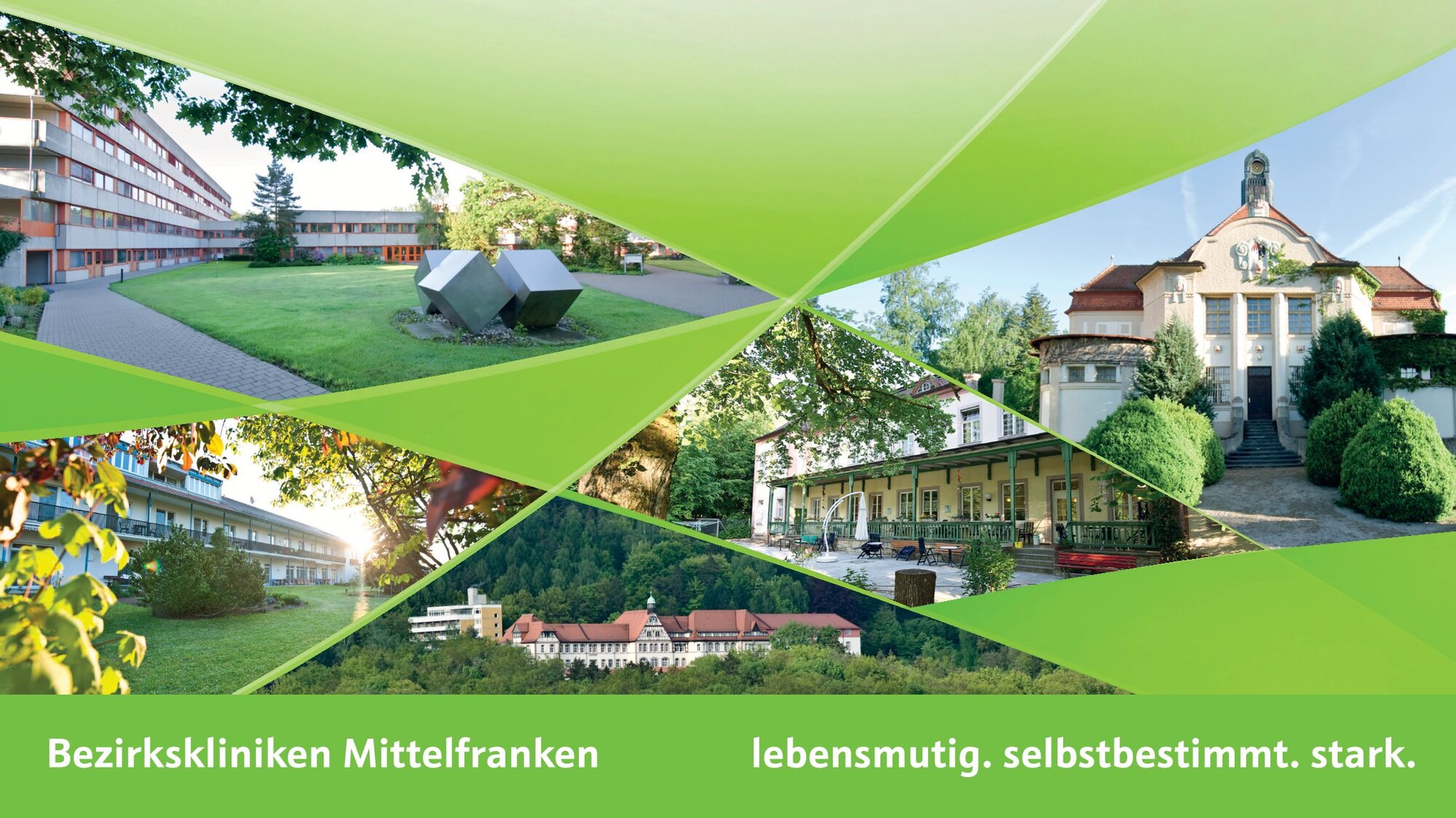 Leitbild der Bezirkskliniken in vier Punkten dargestellt, ergänzt durch Bilder der Standorte