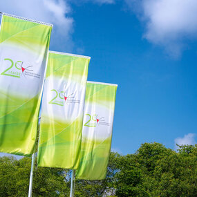 Drei grüne Fahnen mit Jubiläumslogo der Bezirkskliniken Mittelfranken wehen im Wind.