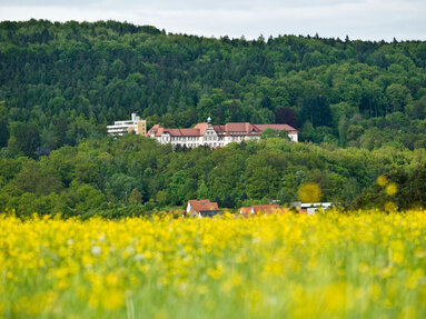 Blick auf die Frankenalb-Klinik Engelthal am Hang des Tales, Rapsfeld im Vordergrund