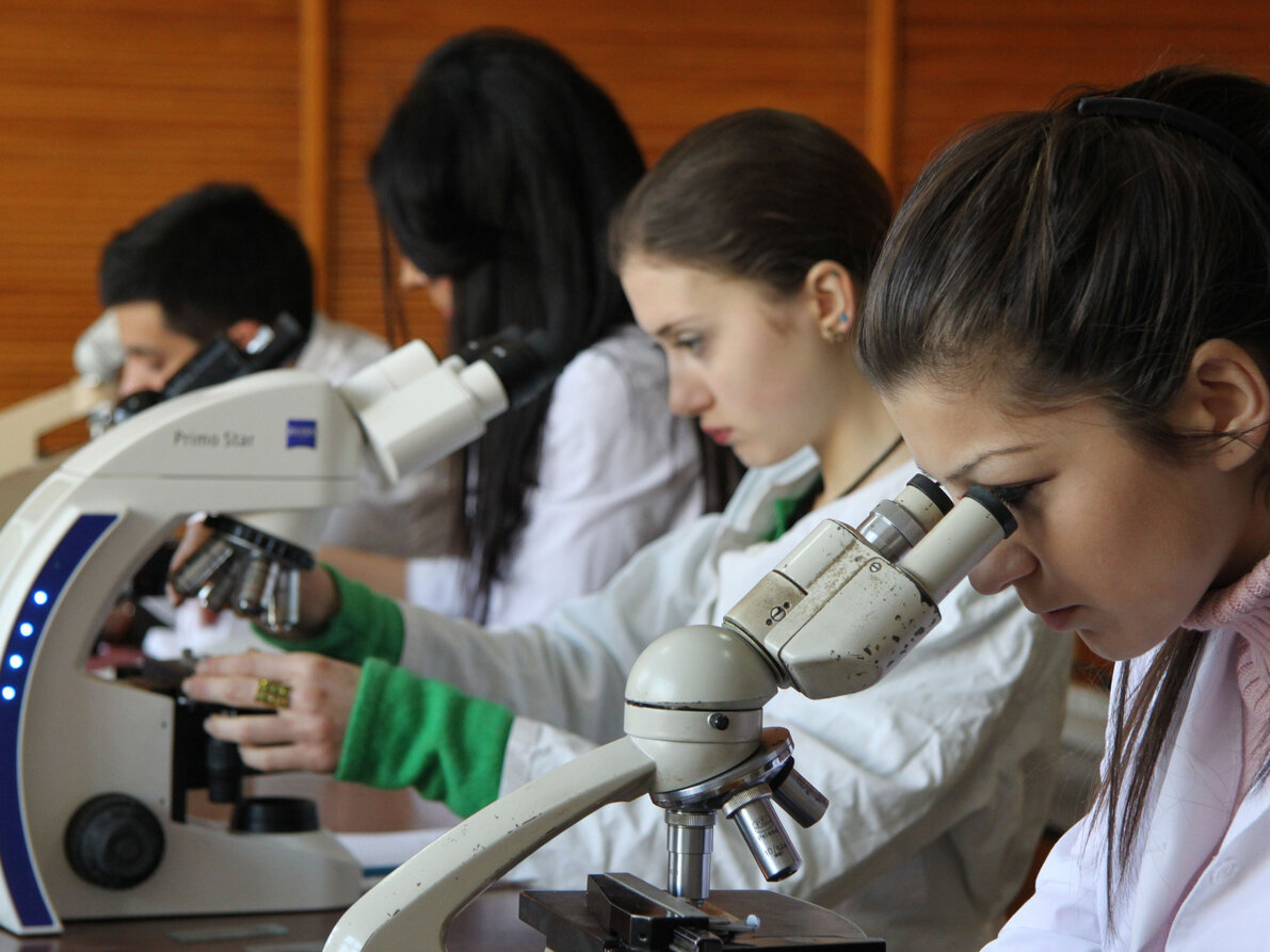 Studentinnen und Studenten am Mikroskop